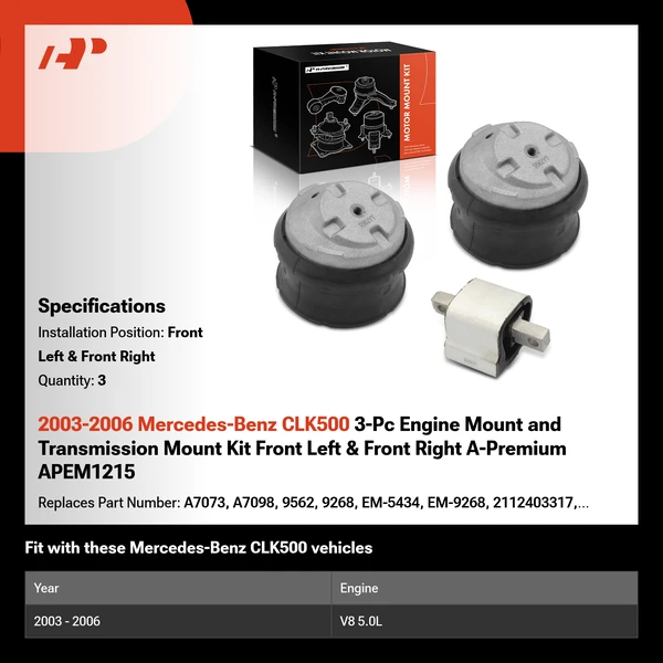 2003-2006 Mercedes-Benz CLK500 3-Pc Engine Mount and Transmission Mount Kit Front Left & Front Right A-Premium APEM1215