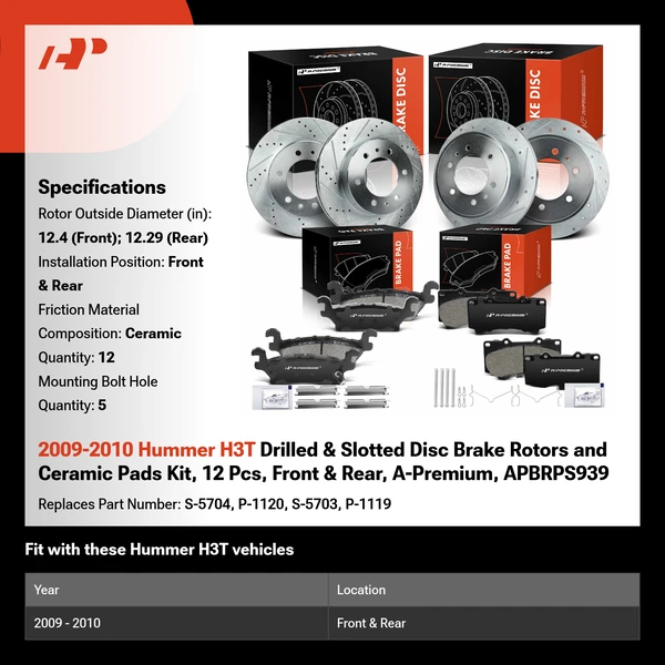 2009-2010 Hummer H3T Drilled & Slotted Disc Brake Rotors and Ceramic Pads Kit, 12 Pcs, Front & Rear, A-Premium, APBRPS939