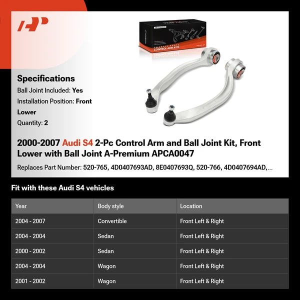 2000-2007 Audi S4 2-Pc Control Arm and Ball Joint Kit, Front Lower with Ball Joint A-Premium APCA0047