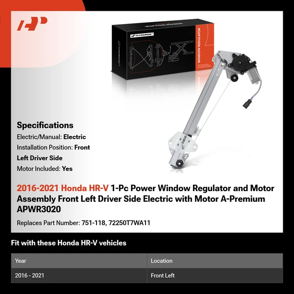 2016-2021 Honda HR-V 1-Pc Power Window Regulator and Motor Assembly Front Left Driver Side Electric with Motor A-Premium APWR3020