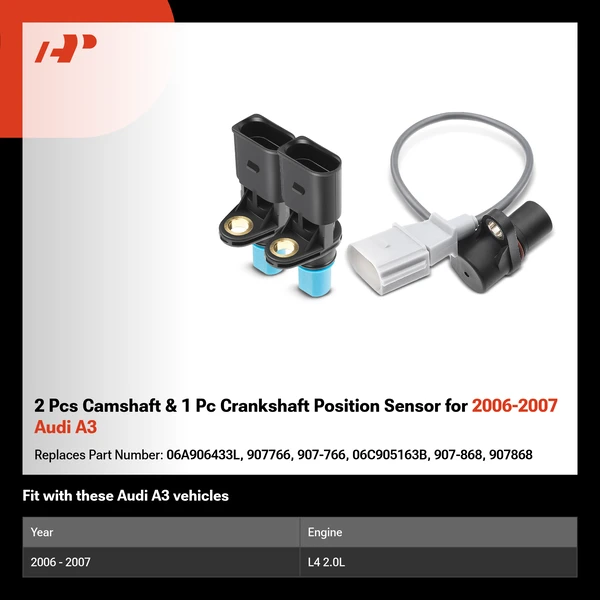 2 Pcs Camshaft & 1 Pc Crankshaft Position Sensor for 2006-2007 Audi A3