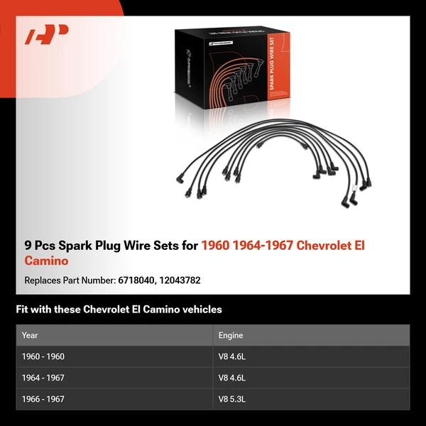 9 Pcs Spark Plug Wire Sets for 1960 1964-1967 Chevrolet El Camino