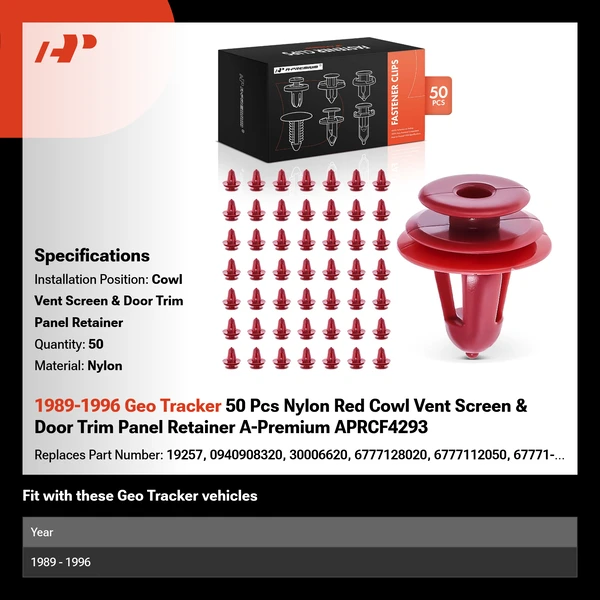 1989-1996 Geo Tracker 50 Pcs Nylon Red Cowl Vent Screen & Door Trim Panel Retainer A-Premium APRCF4293