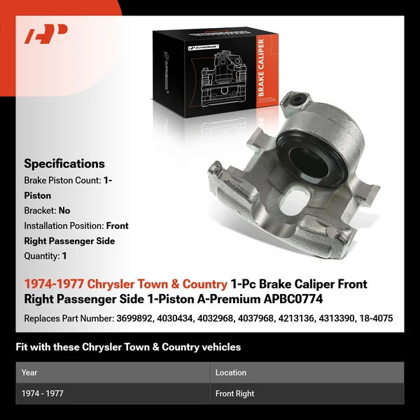 1974-1977 Chrysler Town & Country 1-Pc Brake Caliper Front Right Passenger Side 1-Piston A-Premium APBC0774