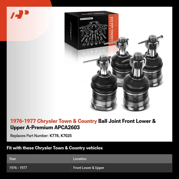 1976-1977 Chrysler Town & Country Ball Joint Front Lower & Upper A-Premium APCA2603