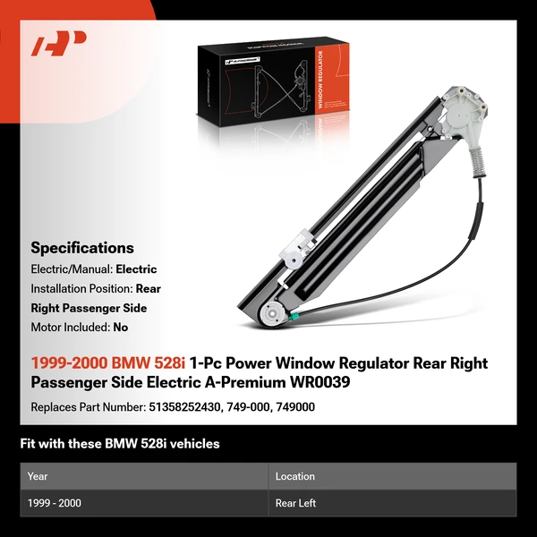 1999-2000 BMW 528i 1-Pc Power Window Regulator Rear Right Passenger Side Electric A-Premium WR0039