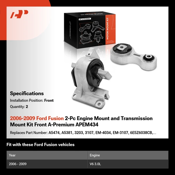 2006-2009 Ford Fusion 2-Pc Engine Mount and Transmission Mount Kit Front A-Premium APEM434