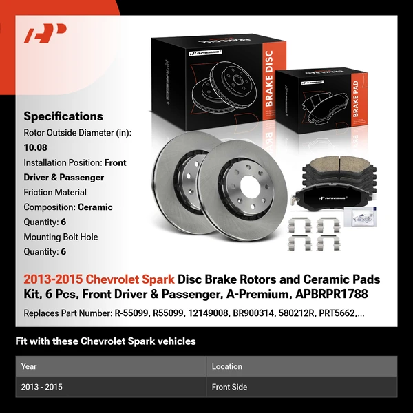 2013-2015 Chevrolet Spark Disc Brake Rotors and Ceramic Pads Kit, 6 Pcs, Front Driver & Passenger, A-Premium, APBRPR1788