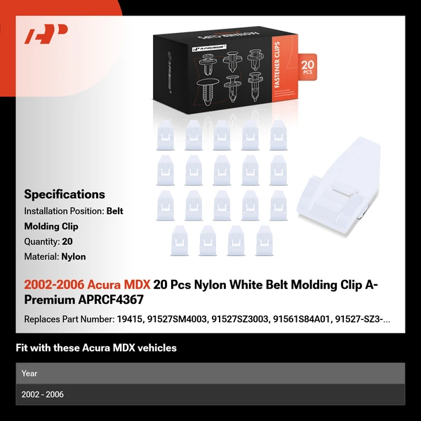 2002-2006 Acura MDX 20 Pcs Nylon White Belt Molding Clip A-Premium APRCF4367