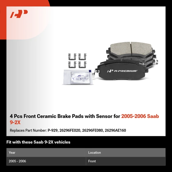 4 Pcs Front Ceramic Brake Pads with Sensor for 2005-2006 Saab 9-2X