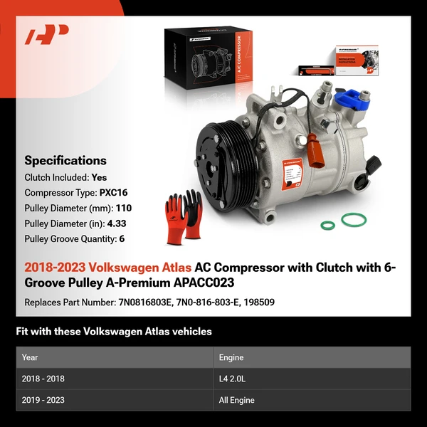 2018-2023 Volkswagen Atlas AC Compressor with Clutch with 6-Groove Pulley A-Premium APACC023