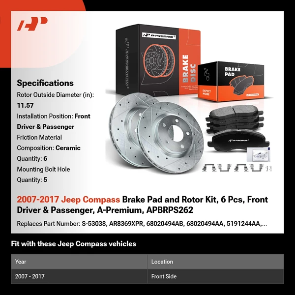 2007-2017 Jeep Compass Brake Pad and Rotor Kit, 6 Pcs, Front Driver & Passenger, A-Premium, APBRPS262