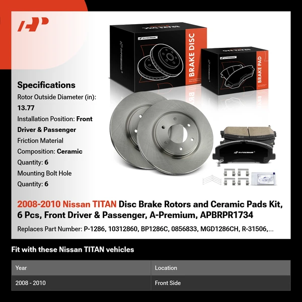 2008-2010 Nissan TITAN Disc Brake Rotors and Ceramic Pads Kit, 6 Pcs, Front Driver & Passenger, A-Premium, APBRPR1734