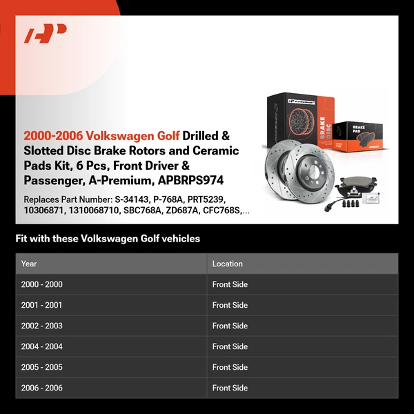 2000-2006 Volkswagen Golf Drilled & Slotted Disc Brake Rotors and Ceramic Pads Kit, 6 Pcs, Front Driver & Passenger, A-Premium, APBRPS974