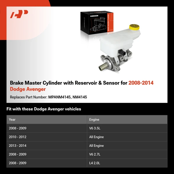 Brake Master Cylinder with Reservoir & Sensor for 2008-2014 Dodge Avenger