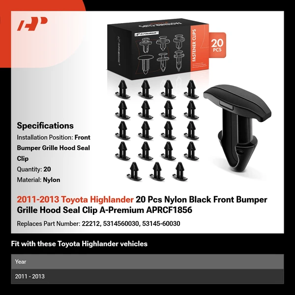 2011-2013 Toyota Highlander 20 Pcs Nylon Black Front Bumper Grille Hood Seal Clip A-Premium APRCF1856