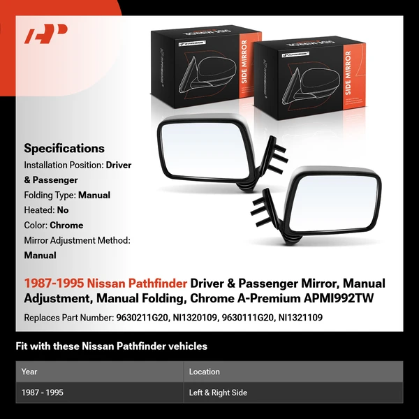 1987-1995 Nissan Pathfinder Driver & Passenger Mirror, Manual Adjustment, Manual Folding, Chrome A-Premium APMI992TW