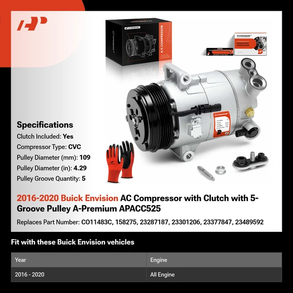 2016-2020 Buick Envision AC Compressor with Clutch with 5-Groove Pulley A-Premium APACC525