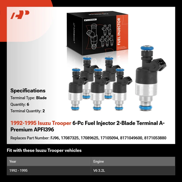 1992-1995 Isuzu Trooper 6-Pc Fuel Injector 2-Blade Terminal A-Premium APFI396