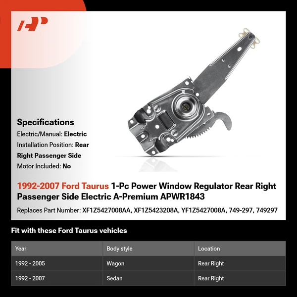 1992-2007 Ford Taurus 1-Pc Power Window Regulator Rear Right Passenger Side Electric A-Premium APWR1843