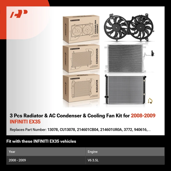 3 Pcs Radiator & AC Condenser & Cooling Fan Kit for 2008-2009 INFINITI EX35