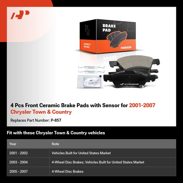 4 Pcs Front Ceramic Brake Pads with Sensor for 2001-2007 Chrysler Town & Country