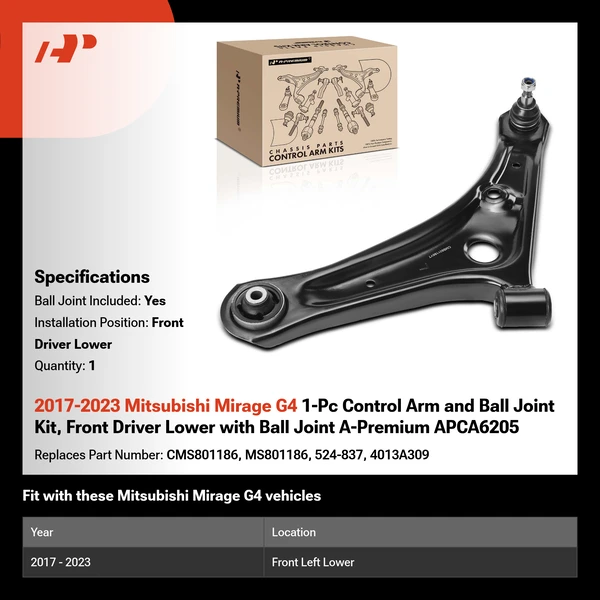 2017-2023 Mitsubishi Mirage G4 1-Pc Control Arm and Ball Joint Kit, Front Driver Lower with Ball Joint A-Premium APCA6205