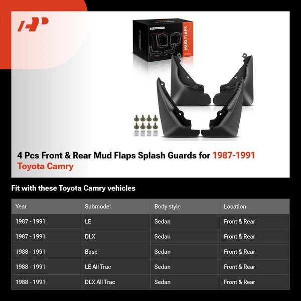 4 Pcs Front & Rear Mud Flaps Splash Guards for 1987-1991 Toyota Camry