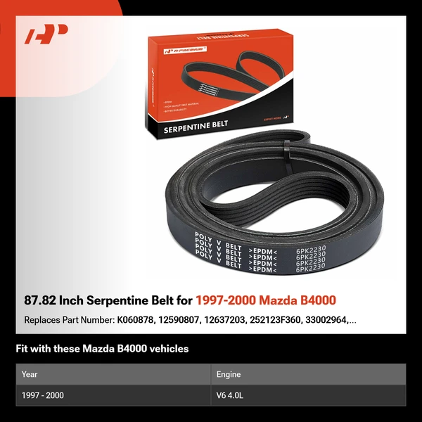 87.82 Inch Serpentine Belt for 1997-2000 Mazda B4000