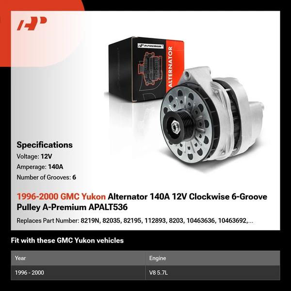 1996-2000 GMC Yukon Alternator 140A 12V Clockwise 6-Groove Pulley A-Premium APALT536