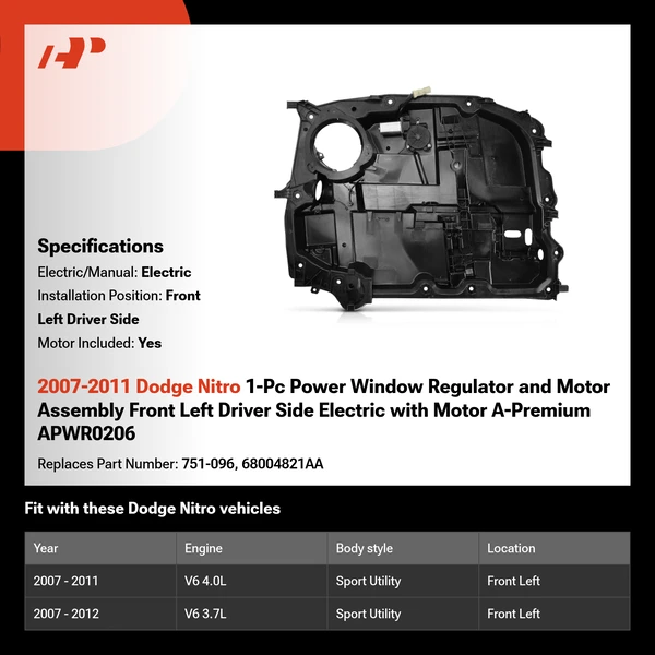 2007-2011 Dodge Nitro 1-Pc Power Window Regulator and Motor Assembly Front Left Driver Side Electric with Motor A-Premium APWR0206