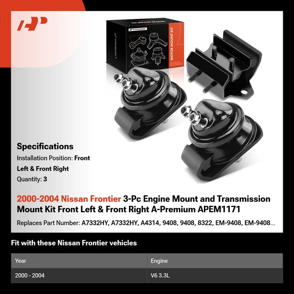 2000-2004 Nissan Frontier 3-Pc Engine Mount and Transmission Mount Kit Front Left & Front Right A-Premium APEM1171