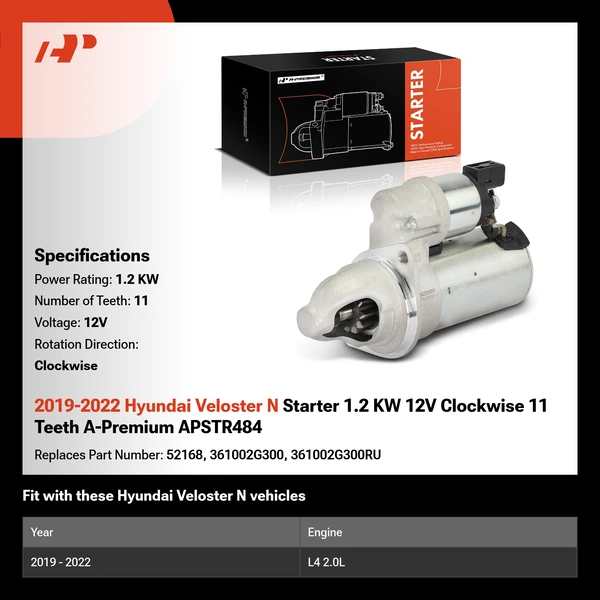 2019-2022 Hyundai Veloster N Starter 1.2 KW 12V Clockwise 11 Teeth A-Premium APSTR484