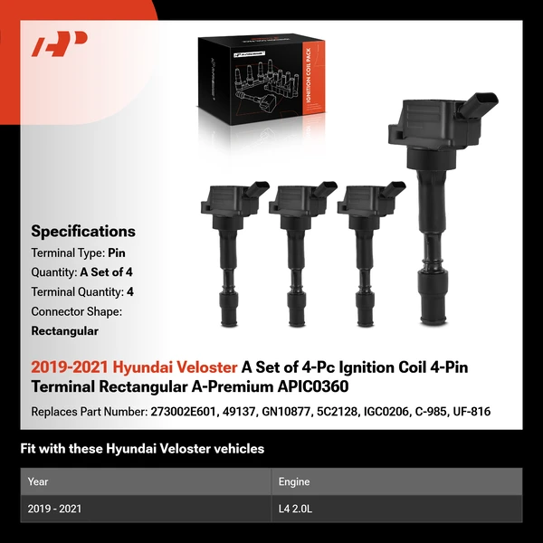 2019-2021 Hyundai Veloster A Set of 4-Pc Ignition Coil 4-Pin Terminal Rectangular A-Premium APIC0360