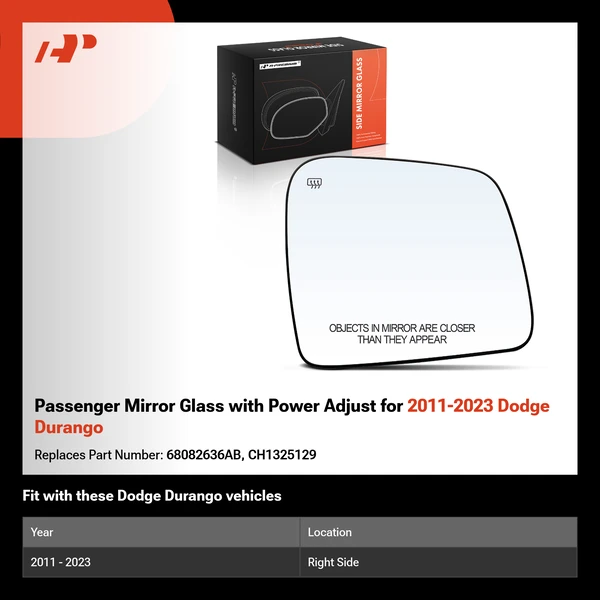 Passenger Mirror Glass with Power Adjust for 2011-2023 Dodge Durango