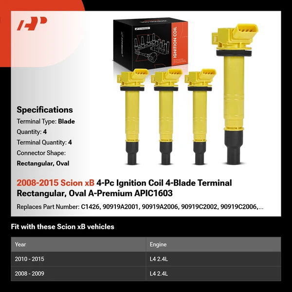 2008-2015 Scion xB 4-Pc Ignition Coil 4-Blade Terminal Rectangular, Oval A-Premium APIC1603