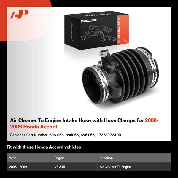 Air Cleaner To Engine Intake Hose with Hose Clamps for 2008-2009 Honda Accord