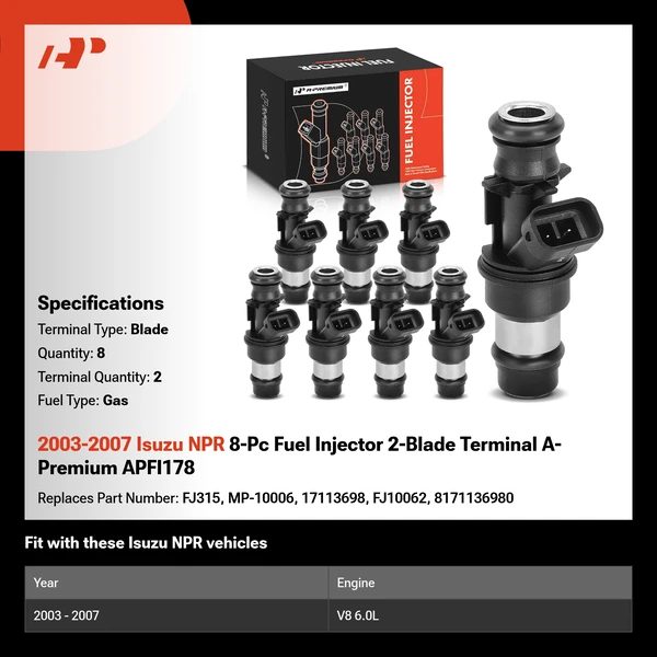 2003-2007 Isuzu NPR 8-Pc Fuel Injector 2-Blade Terminal A-Premium APFI178