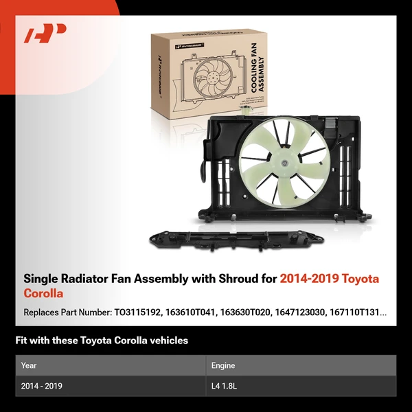 Single Radiator Fan Assembly with Shroud for 2014-2019 Toyota Corolla