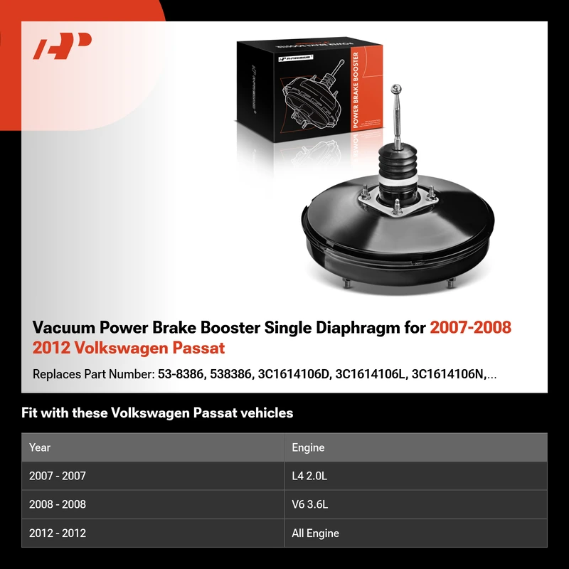 Vacuum Power Brake Booster Single Diaphragm for 2007-2008 2012 Volkswagen Passat