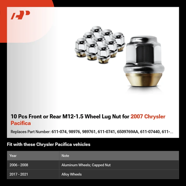 10 Pcs Front or Rear M12-1.5 Wheel Lug Nut for 2007 Chrysler Pacifica