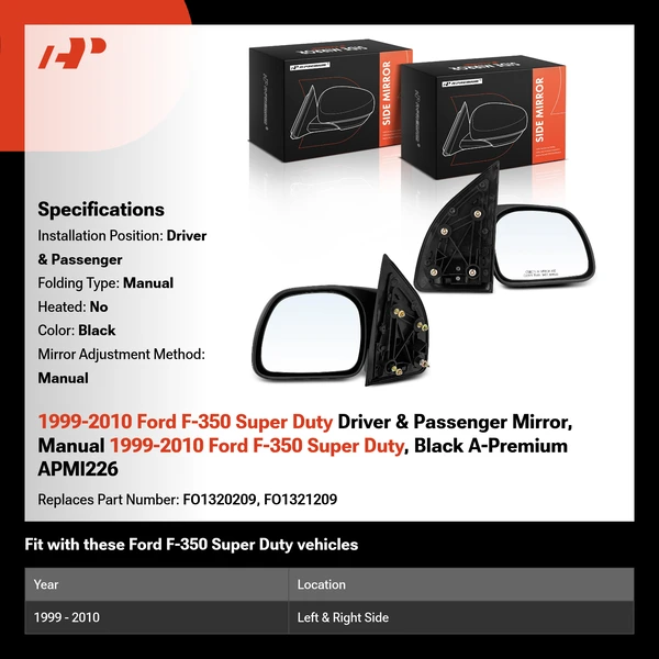 1999-2010 Ford F-350 Super Duty Driver & Passenger Mirror, Manual 1999-2010 Ford F-350 Super Duty, Black A-Premium APMI226