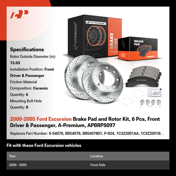 2000-2005 Ford Excursion Brake Pad and Rotor Kit, 6 Pcs, Front Driver & Passenger, A-Premium, APBRPS097