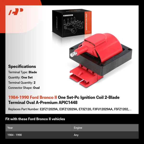 1984-1990 Ford Bronco II One Set-Pc Ignition Coil 2-Blade Terminal Oval A-Premium APIC1448