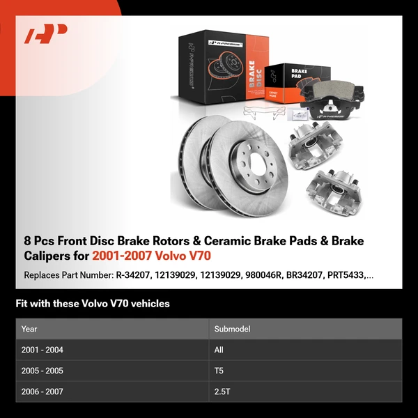 8 Pcs Front Disc Brake Rotors & Ceramic Brake Pads & Brake Calipers for 2001-2007 Volvo V70
