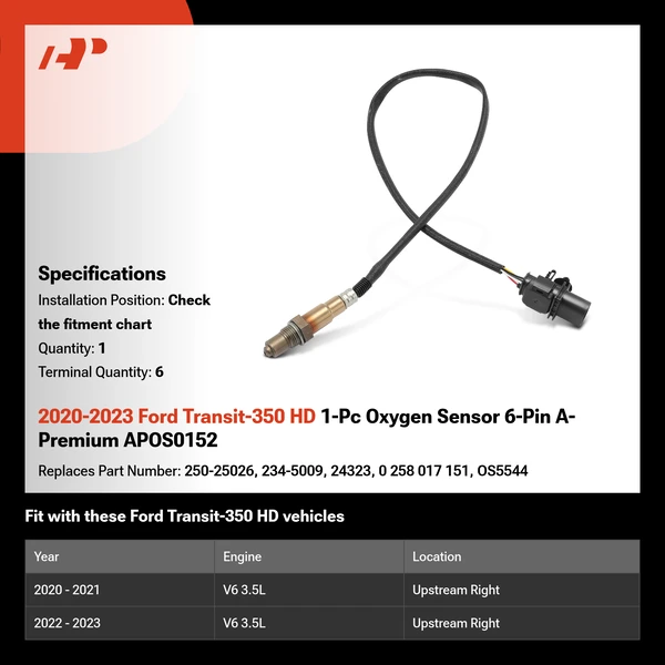 2020-2023 Ford Transit-350 HD 1-Pc Oxygen Sensor 6-Pin A-Premium APOS0152