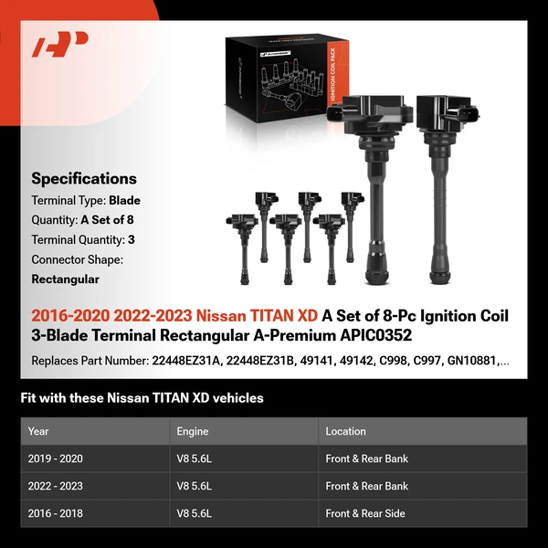 2016-2020 2022-2023 Nissan TITAN XD A Set of 8-Pc Ignition Coil 3-Blade Terminal Rectangular A-Premium APIC0352