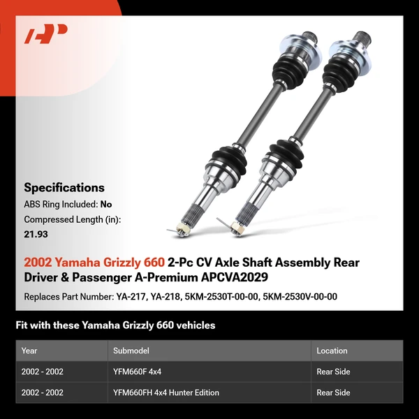 2002 Yamaha Grizzly 660 2-Pc CV Axle Shaft Assembly Rear Driver & Passenger A-Premium APCVA2029