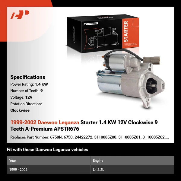 1999-2002 Daewoo Leganza Starter 1.4 KW 12V Clockwise 9 Teeth A-Premium APSTR676