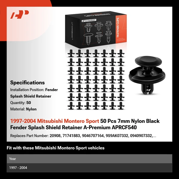 1997-2004 Mitsubishi Montero Sport 50 Pcs 7mm Nylon Black Fender Splash Shield Retainer A-Premium APRCF540